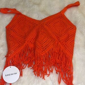 SHEIN Vibrant coral Crochet Fringe Top